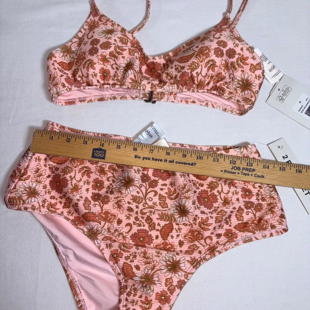 Billabong Bikini Set Medium Pink Floral NEW High Waist Ribbed Retro Rose Set